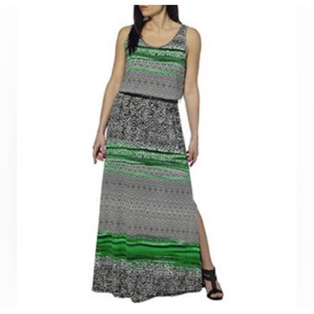 Fever Women’s Jungle Green Geo Print Stretchy Maxi Dress w/ Slit Size XS‎ NEW